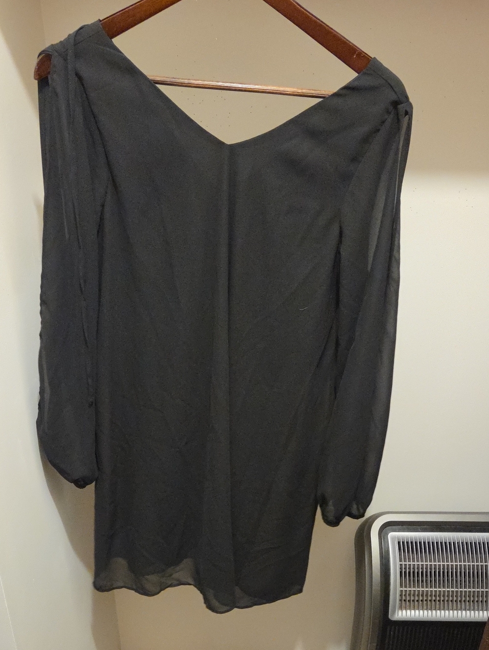 Black Long-Sleeve V-Neck Chiffon Shift Dress